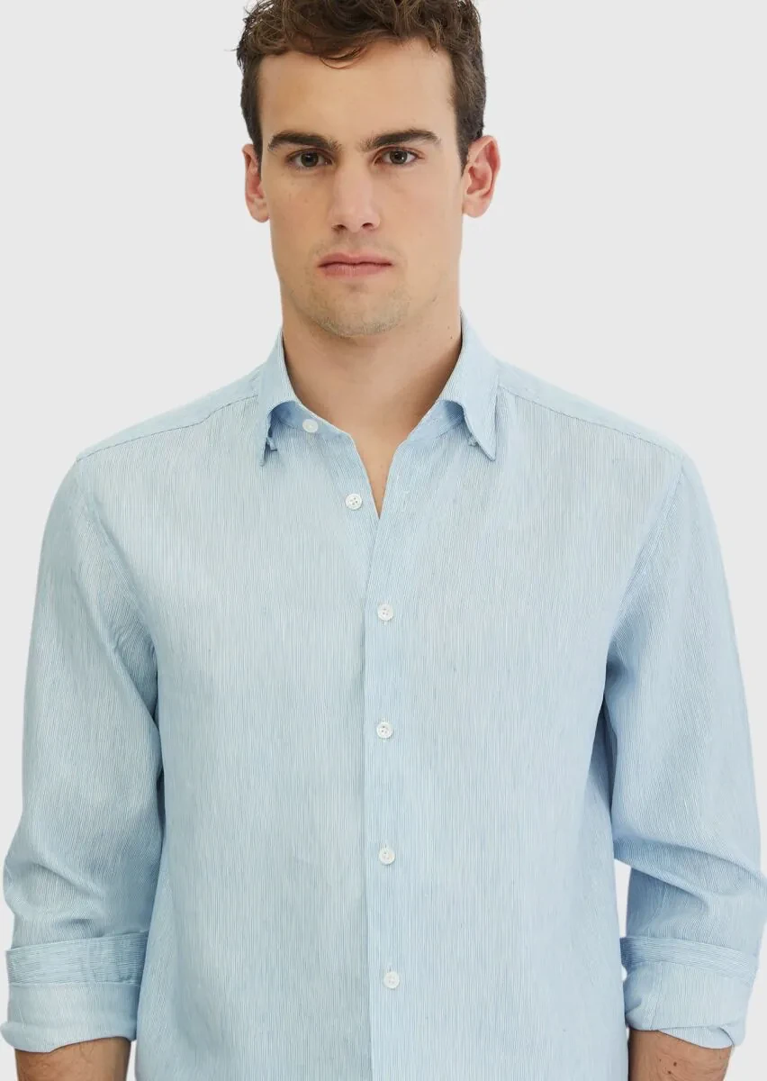 Blue Striped Casual Fit Weaving Casual Cotton Blended Shirt - 4