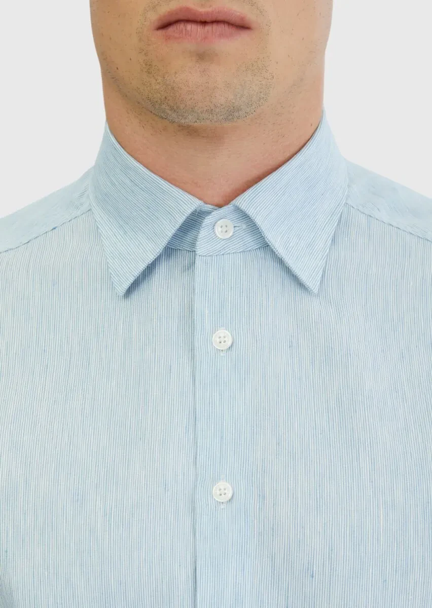 Blue Striped Casual Fit Weaving Casual Cotton Blended Shirt - 5