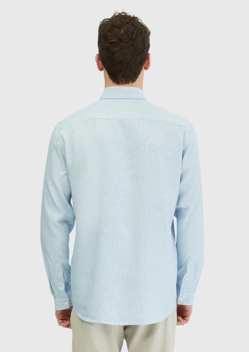 Blue Striped Casual Fit Weaving Casual Cotton Blended Shirt - 6