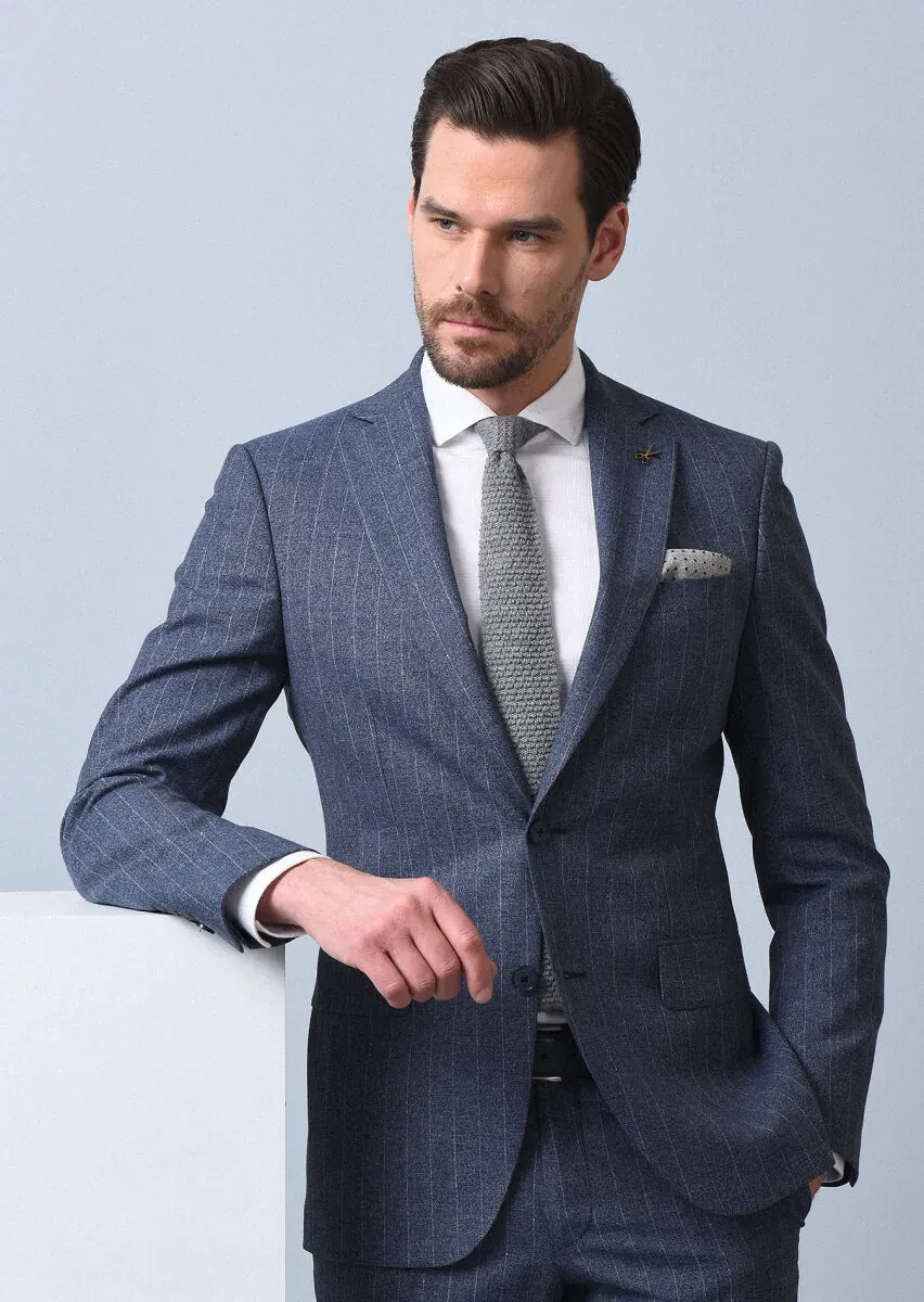 Blue Striped Modern Fit Wool Blended Suit - 1