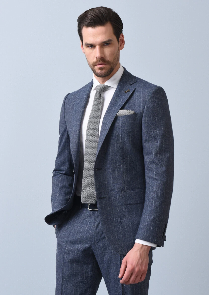 Blue Striped Modern Fit Wool Blended Suit - 2