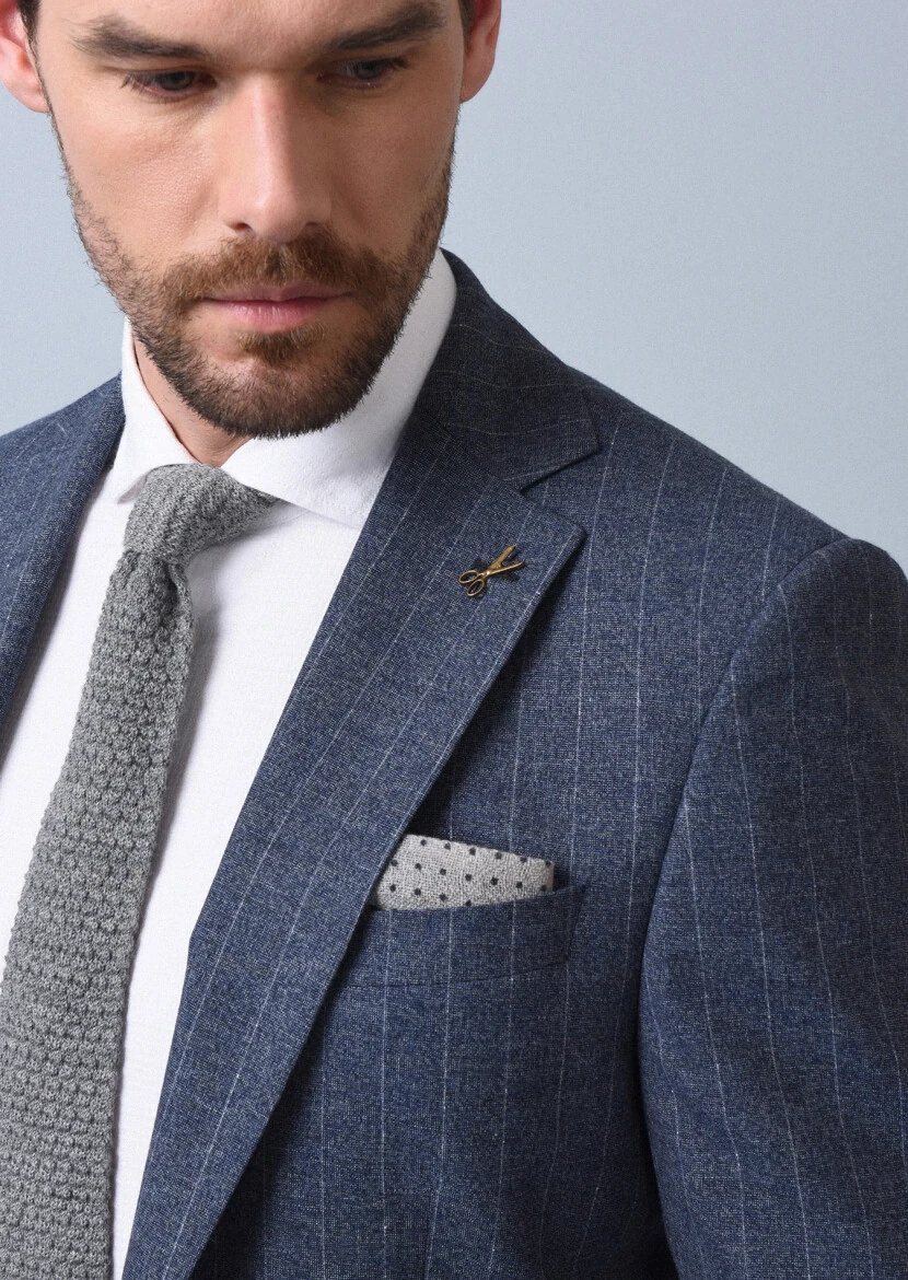 Blue Striped Modern Fit Wool Blended Suit - 3