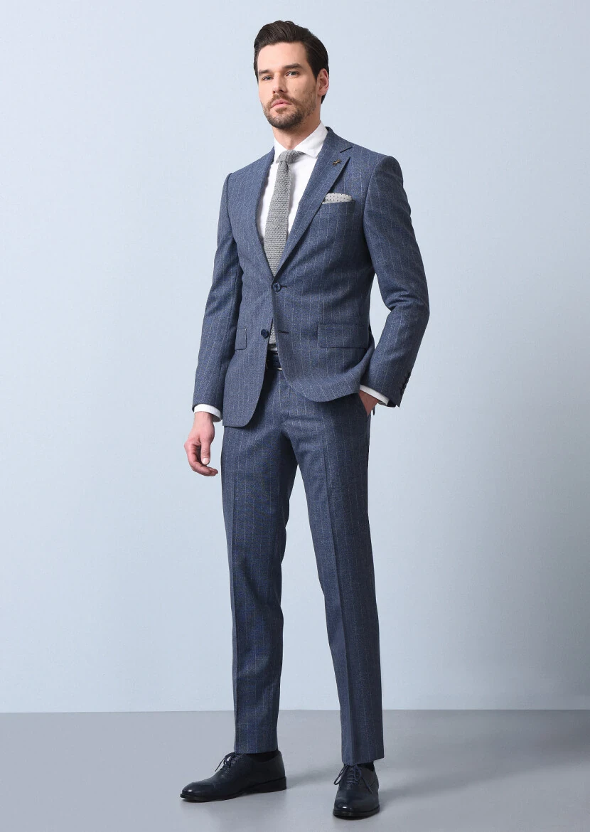 Blue Striped Modern Fit Wool Blended Suit - 4