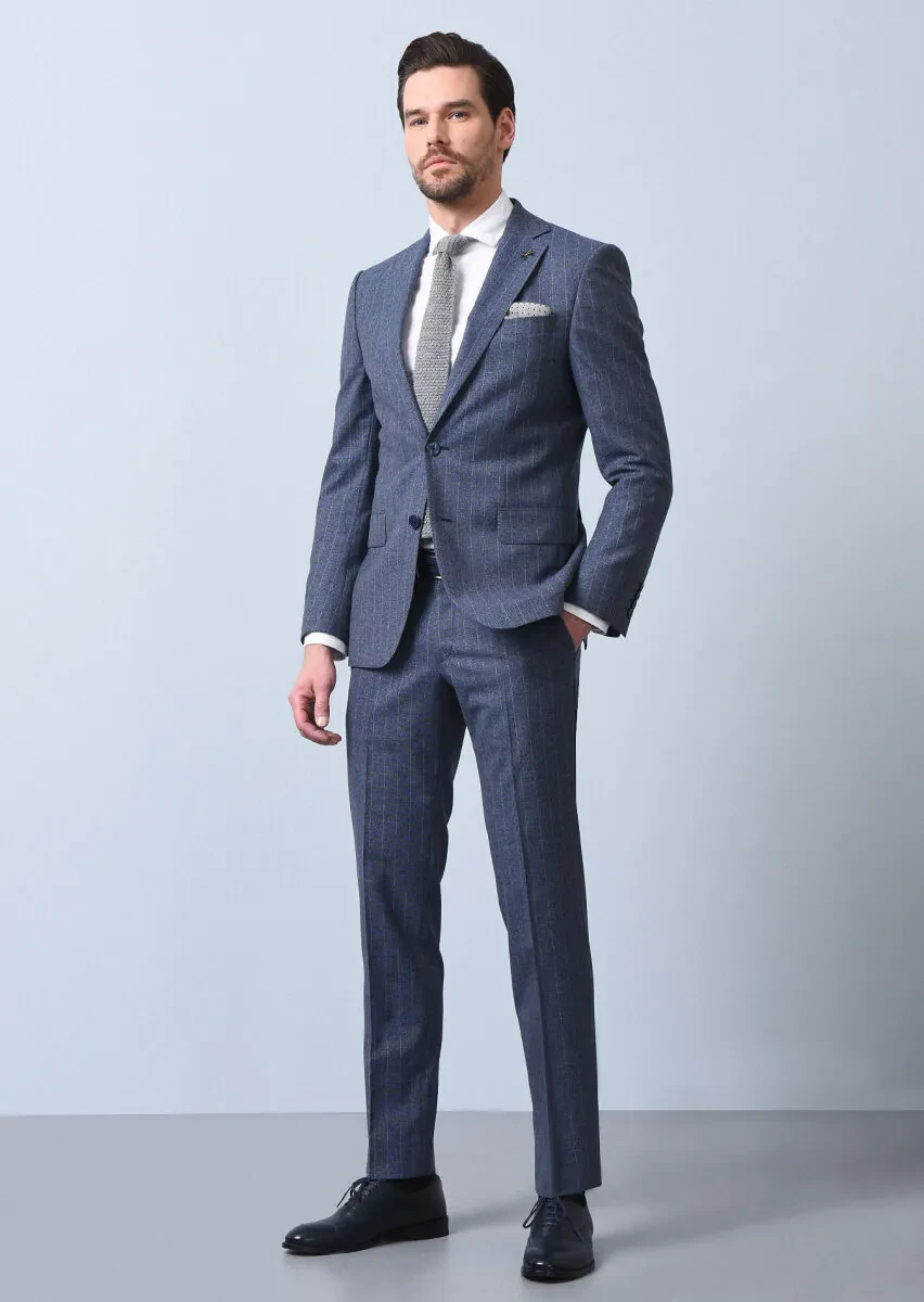 Blue Striped Modern Fit Wool Blended Suit - 4