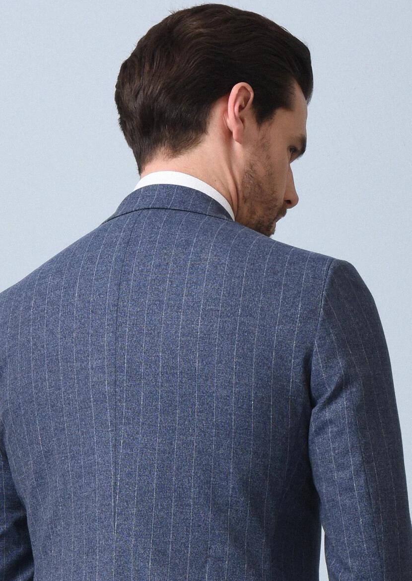 Blue Striped Modern Fit Wool Blended Suit - 5