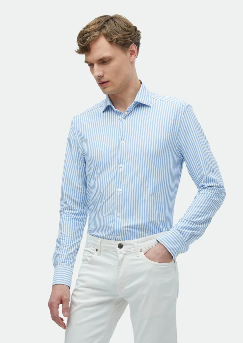 Blue Striped Regular Fit Knitting Classical Shirt - RAMSEY