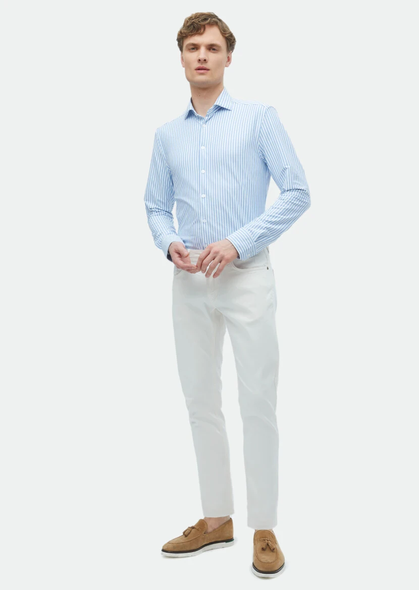 Blue Striped Regular Fit Knitting Classical Shirt - RAMSEY