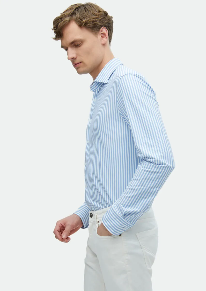 Blue Striped Regular Fit Knitting Classical Shirt - 4