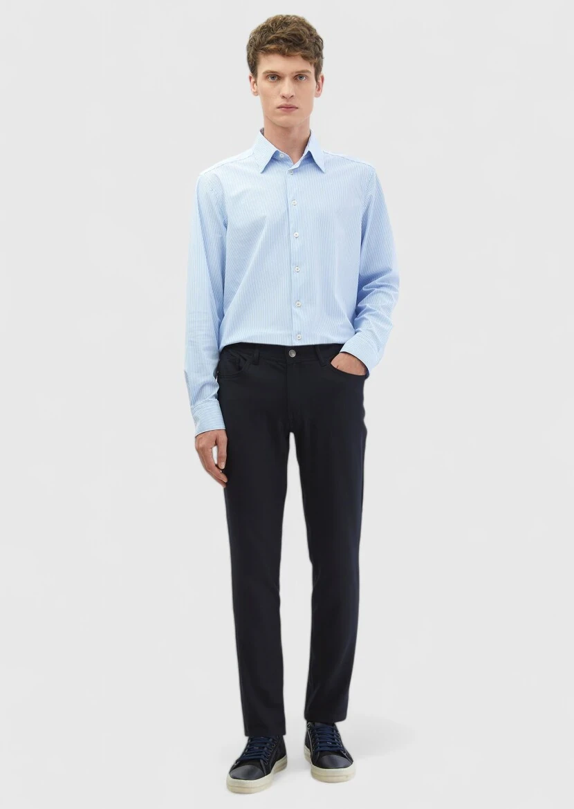 Blue Striped Regular Fit Knitting Classical Shirt - RAMSEY