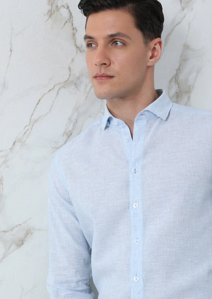 Blue Striped Regular Fit Weaving Casual Cotton Blended Shirt - 1