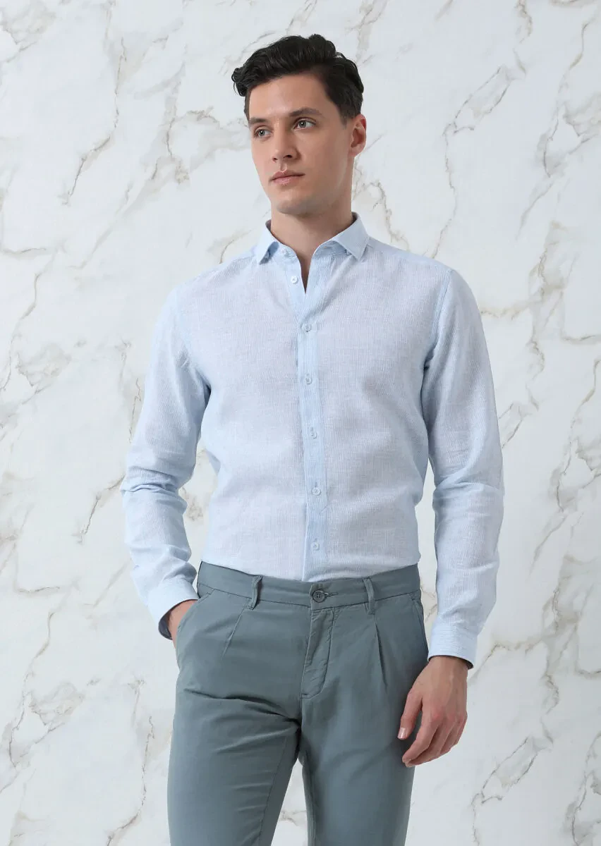 Blue Striped Regular Fit Weaving Casual Cotton Blended Shirt - 2