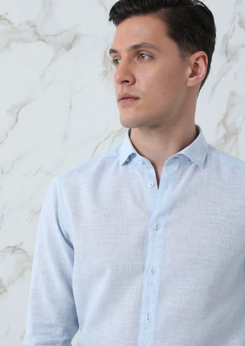 Blue Striped Regular Fit Weaving Casual Cotton Blended Shirt - 3