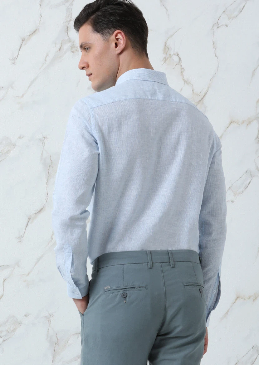 Blue Striped Regular Fit Weaving Casual Cotton Blended Shirt - 5