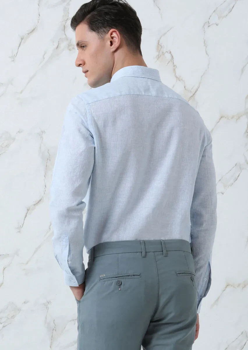 Blue Striped Regular Fit Weaving Casual Cotton Blended Shirt - 5