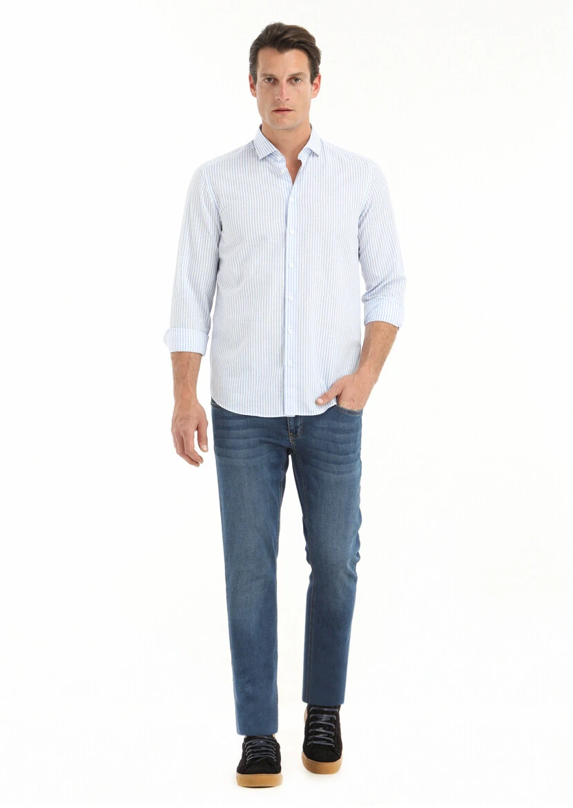 Blue Striped Regular Fit Weaving Casual Cotton Blended Shirt - 1