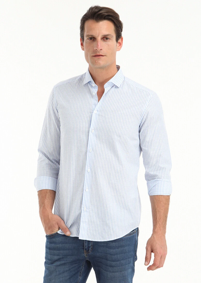 Blue Striped Regular Fit Weaving Casual Cotton Blended Shirt - 2