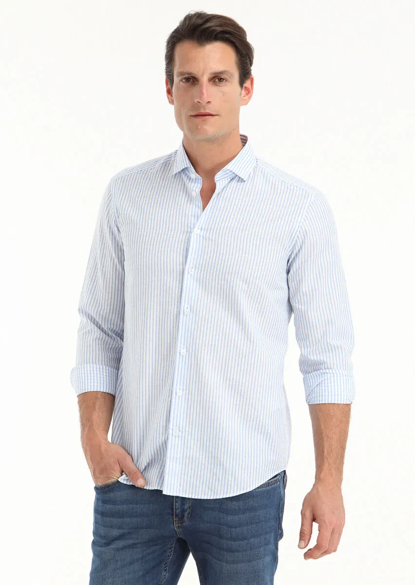 Blue Striped Regular Fit Weaving Casual Cotton Blended Shirt - 2
