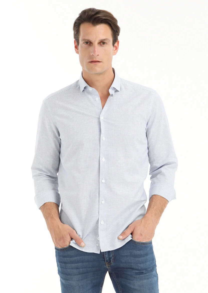 Blue Striped Regular Fit Weaving Casual Cotton Blended Shirt - 2