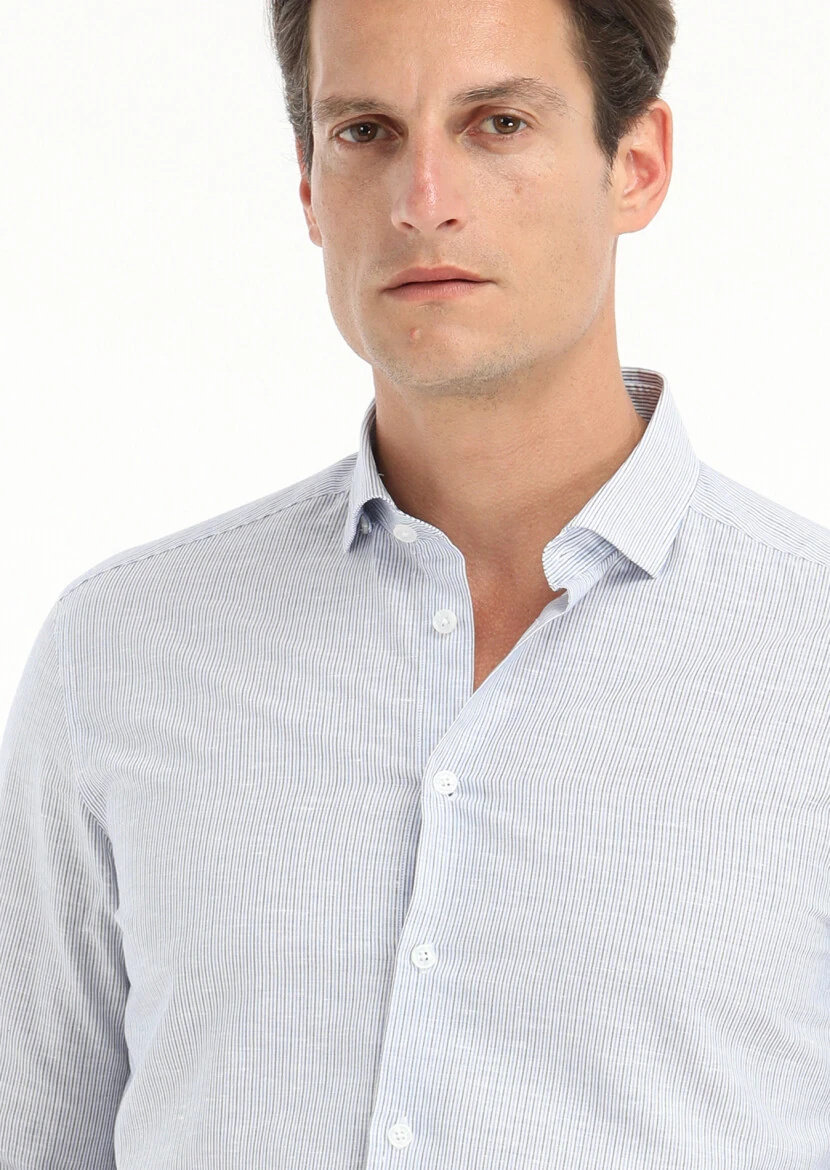 Blue Striped Regular Fit Weaving Casual Cotton Blended Shirt - 3