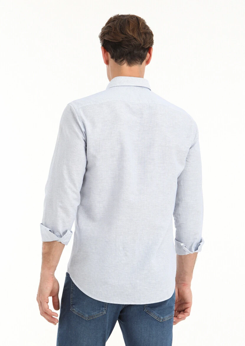 Blue Striped Regular Fit Weaving Casual Cotton Blended Shirt - 4