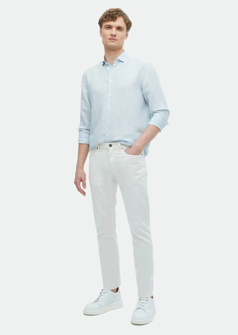 Blue Striped Regular Fit Weaving Casual Linen Blended Shirt - 2