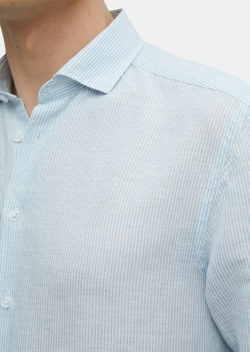 Blue Striped Regular Fit Weaving Casual Linen Blended Shirt - 5