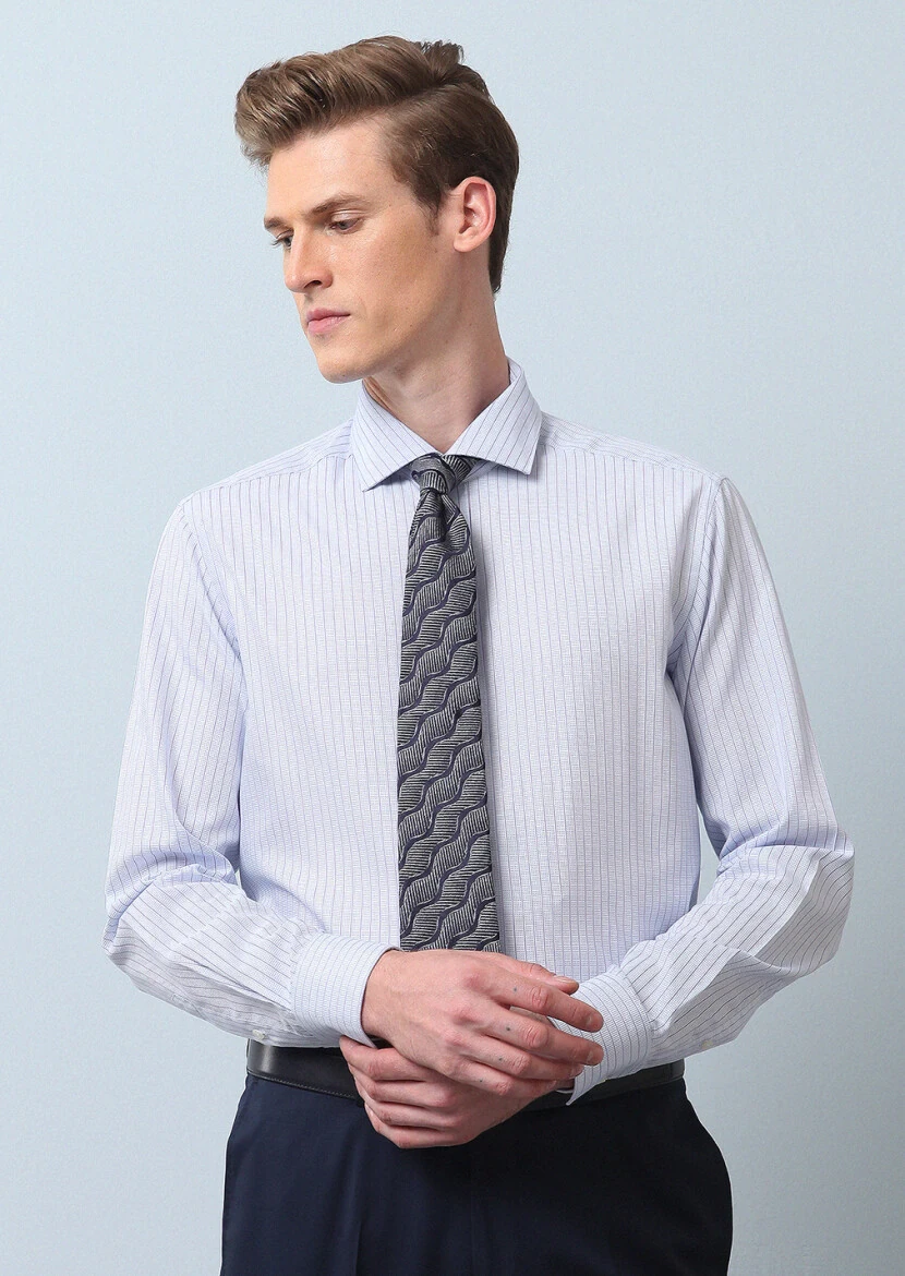 Blue Striped Regular Fit Weaving Classical 100% Cotton Shirt - 1