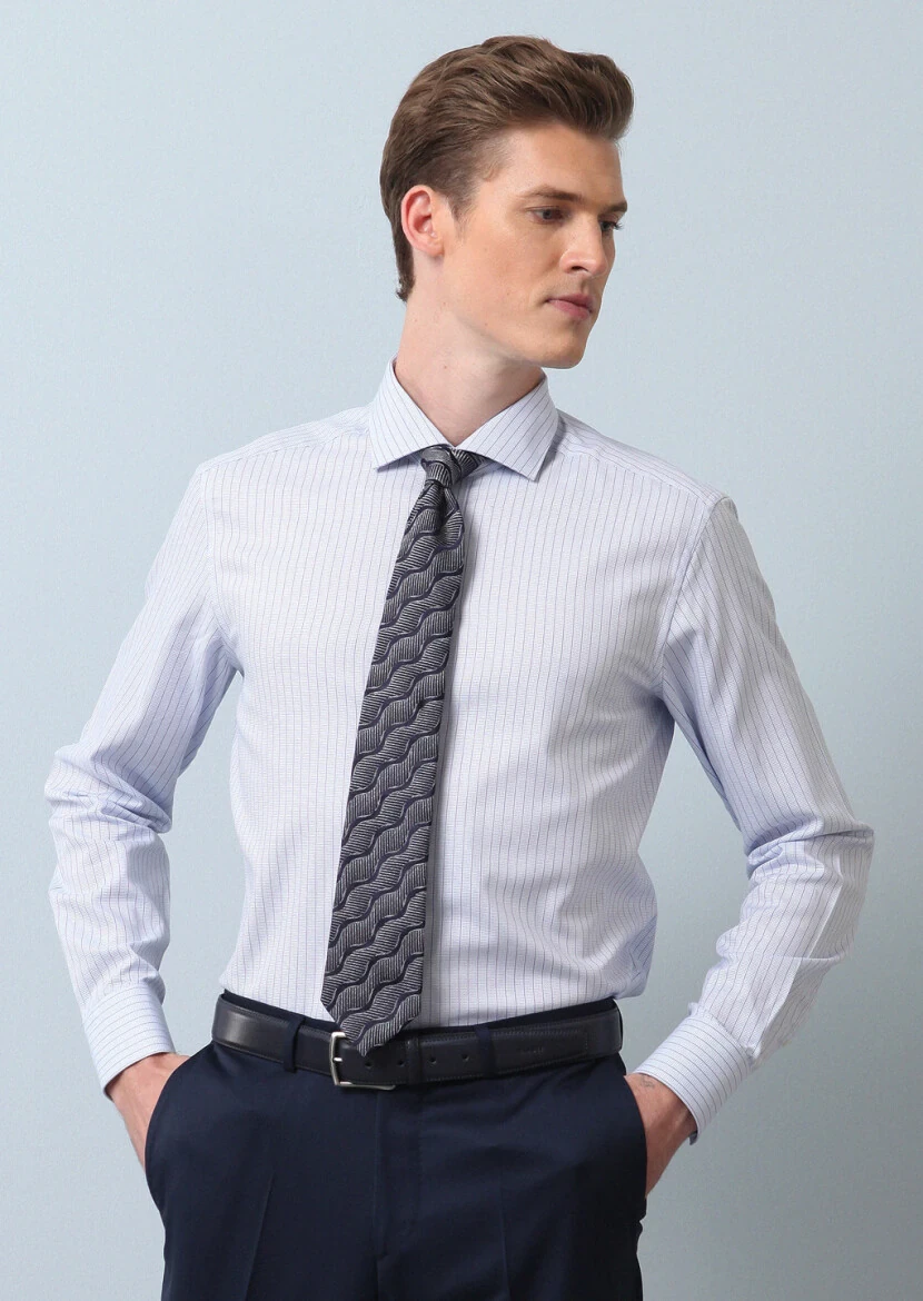 Blue Striped Regular Fit Weaving Classical 100% Cotton Shirt - 3