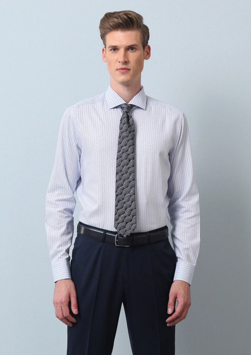 Blue Striped Regular Fit Weaving Classical 100% Cotton Shirt - 4