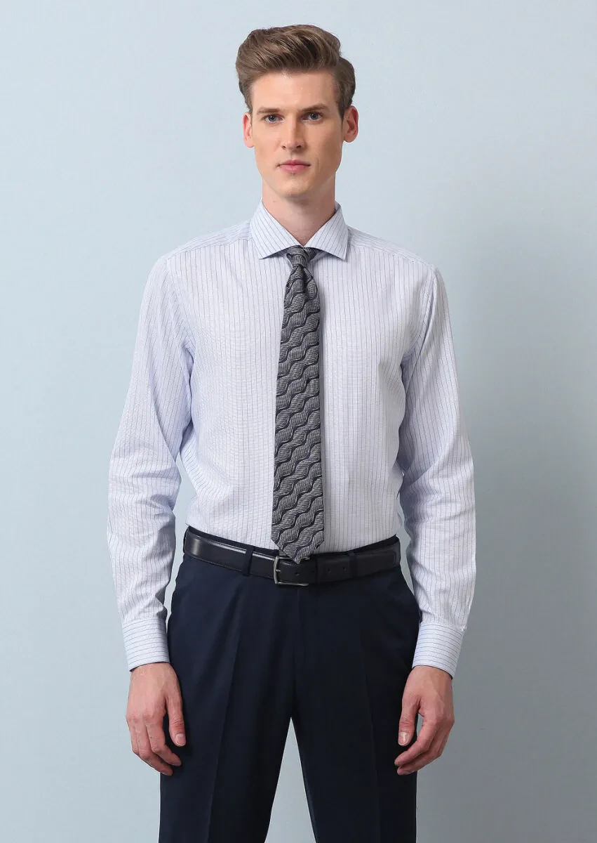 Blue Striped Regular Fit Weaving Classical 100% Cotton Shirt - 4