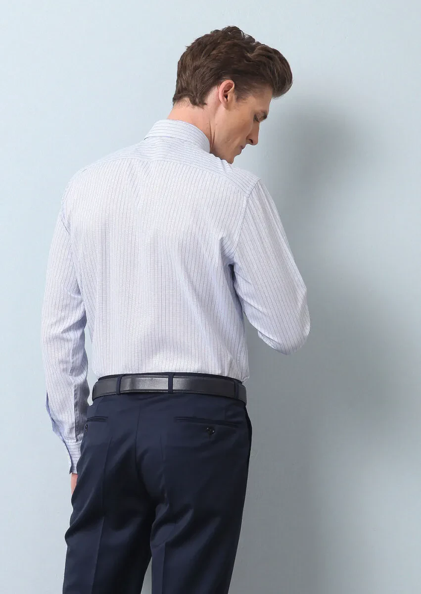 Blue Striped Regular Fit Weaving Classical 100% Cotton Shirt - 5