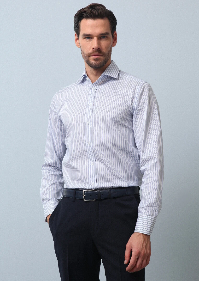 Blue Striped Regular Fit Weaving Classical 100% Cotton Shirt - 1