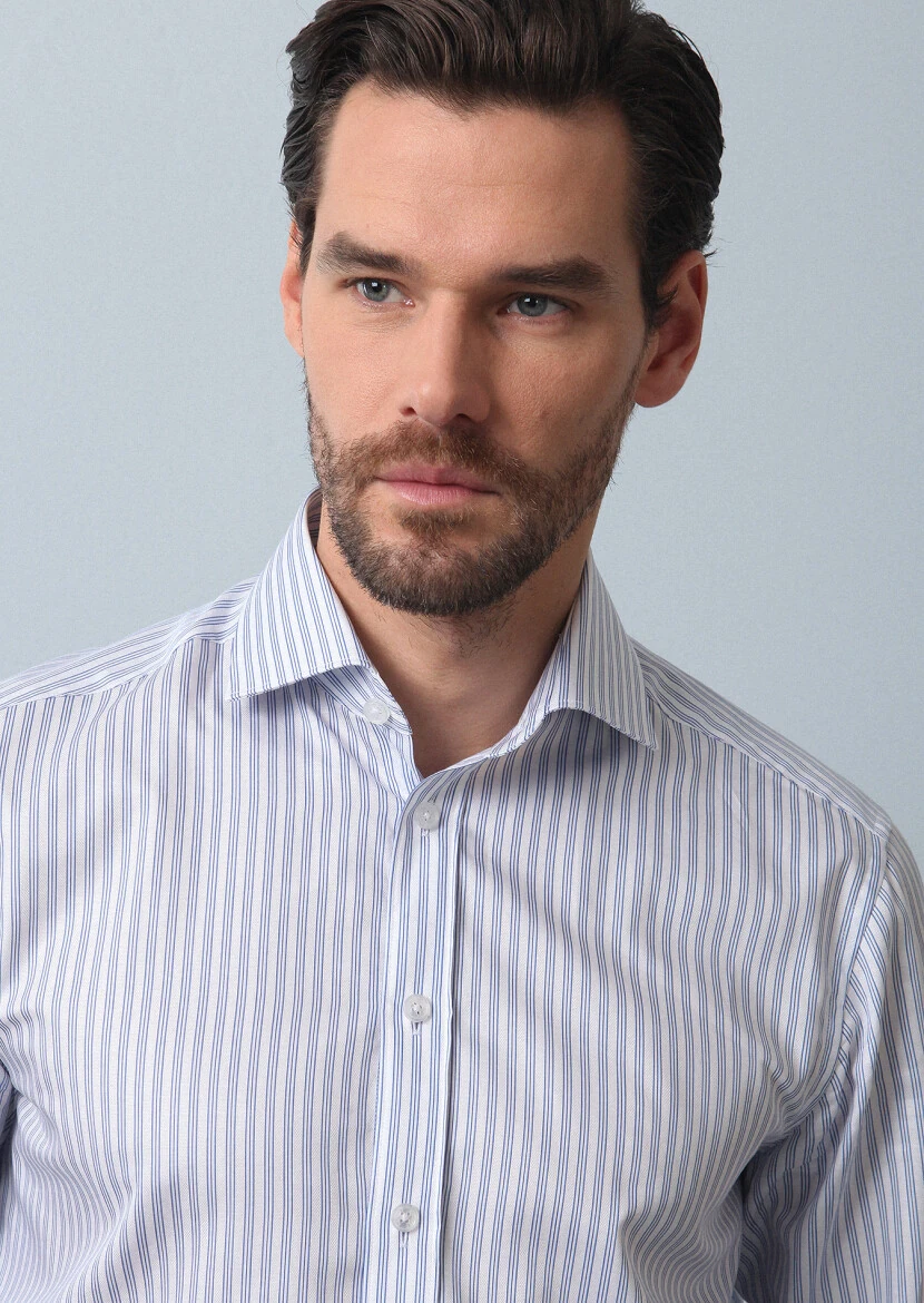 Blue Striped Regular Fit Weaving Classical 100% Cotton Shirt - 2