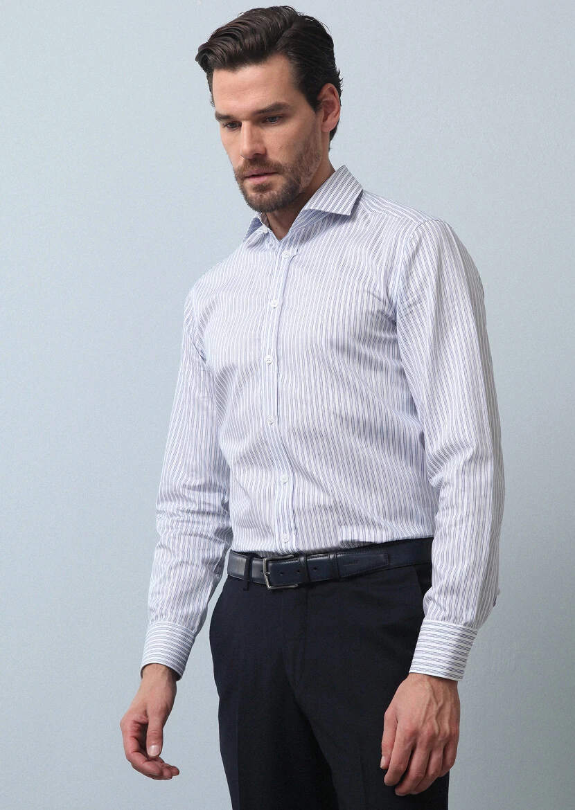 Blue Striped Regular Fit Weaving Classical 100% Cotton Shirt - 4