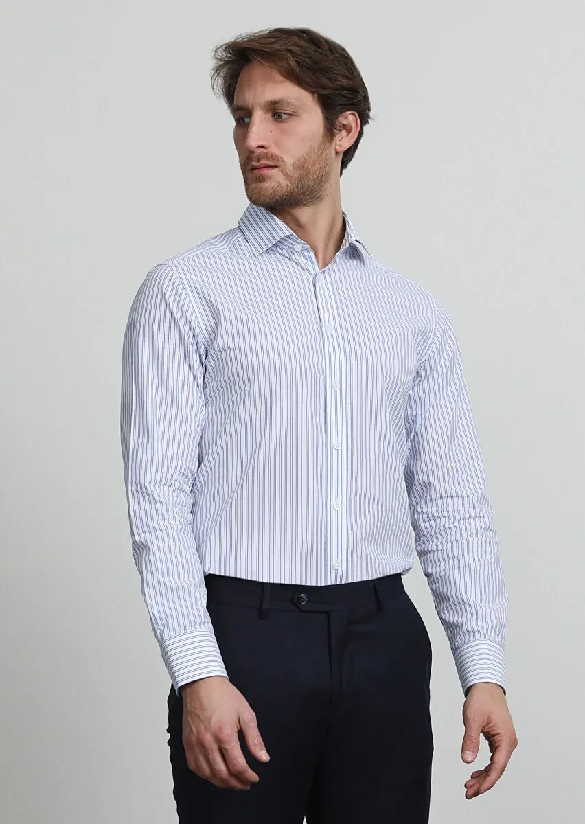 Blue Striped Regular Fit Weaving Classical 100% Cotton Shirt - 1