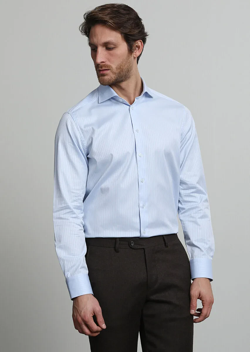 Blue Striped Regular Fit Weaving Classical 100% Cotton Shirt - 1