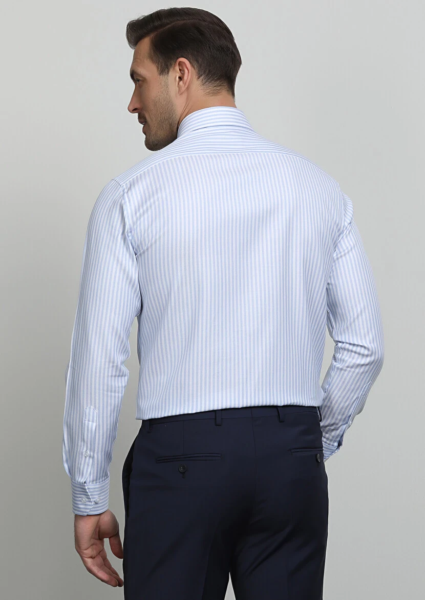 Blue Striped Regular Fit Weaving Classical 100% Cotton Shirt - 4