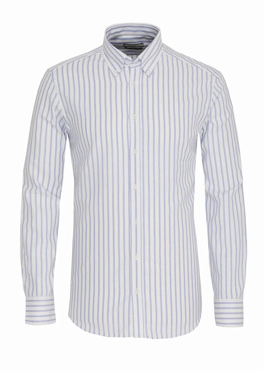 Blue Striped Regular Fit Weaving Classical 100% Cotton Shirt - 1