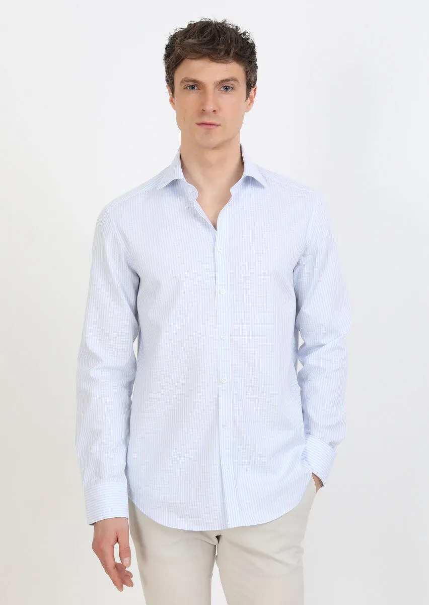 Blue Striped Regular Fit Weaving Classical 100% Cotton Shirt - 1