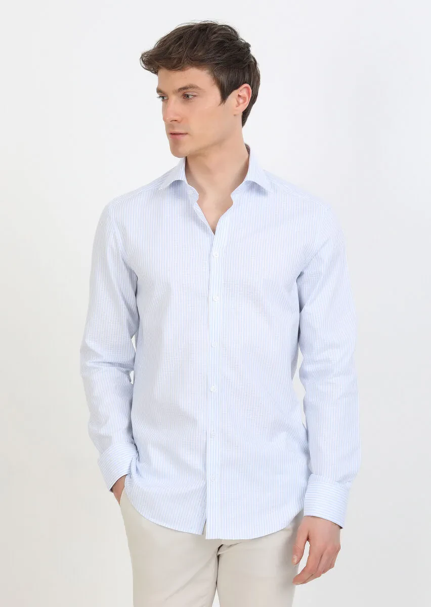 Blue Striped Regular Fit Weaving Classical 100% Cotton Shirt - 3