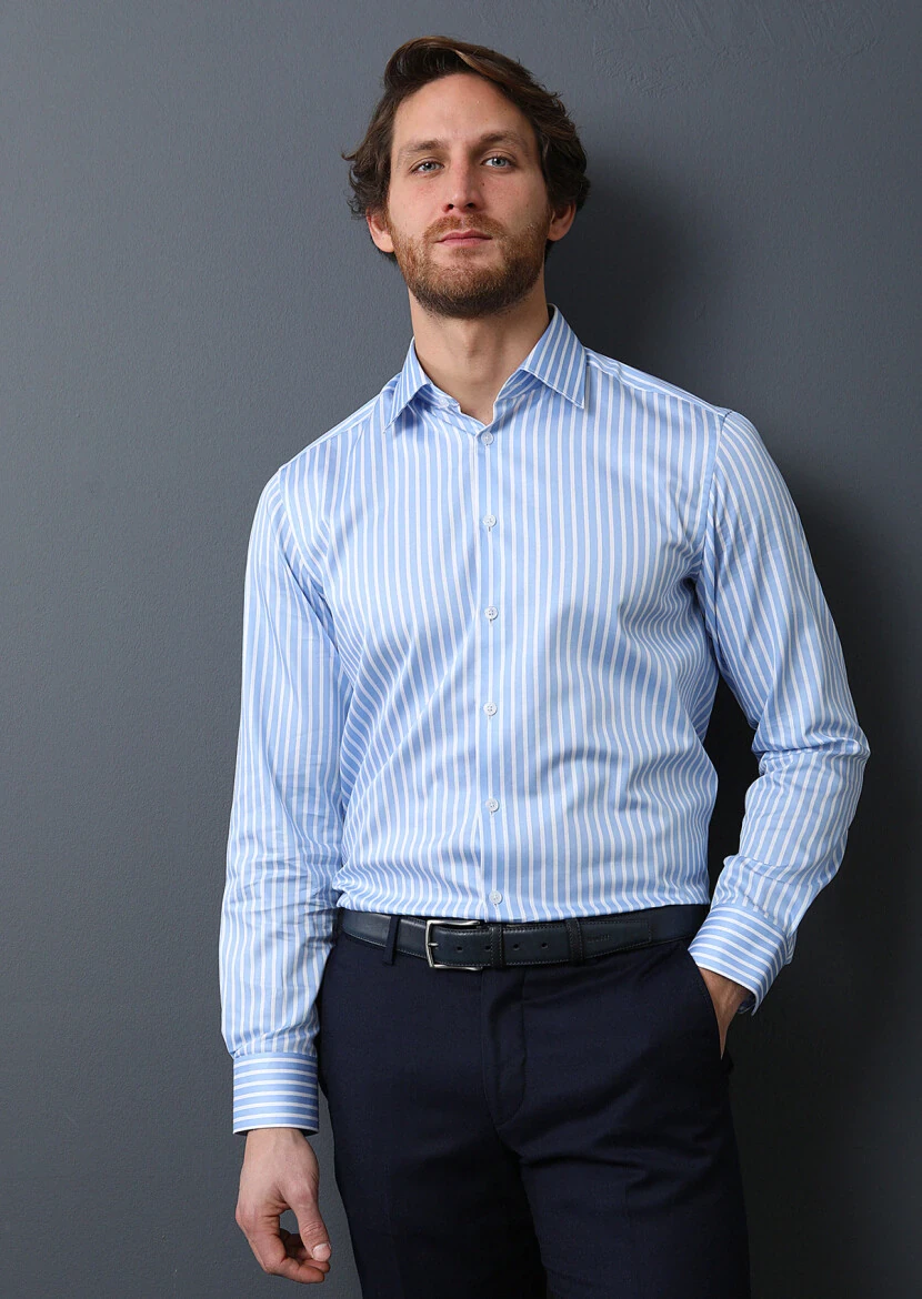 Blue Striped Regular Fit Weaving Classical 100% Cotton Shirt - 1