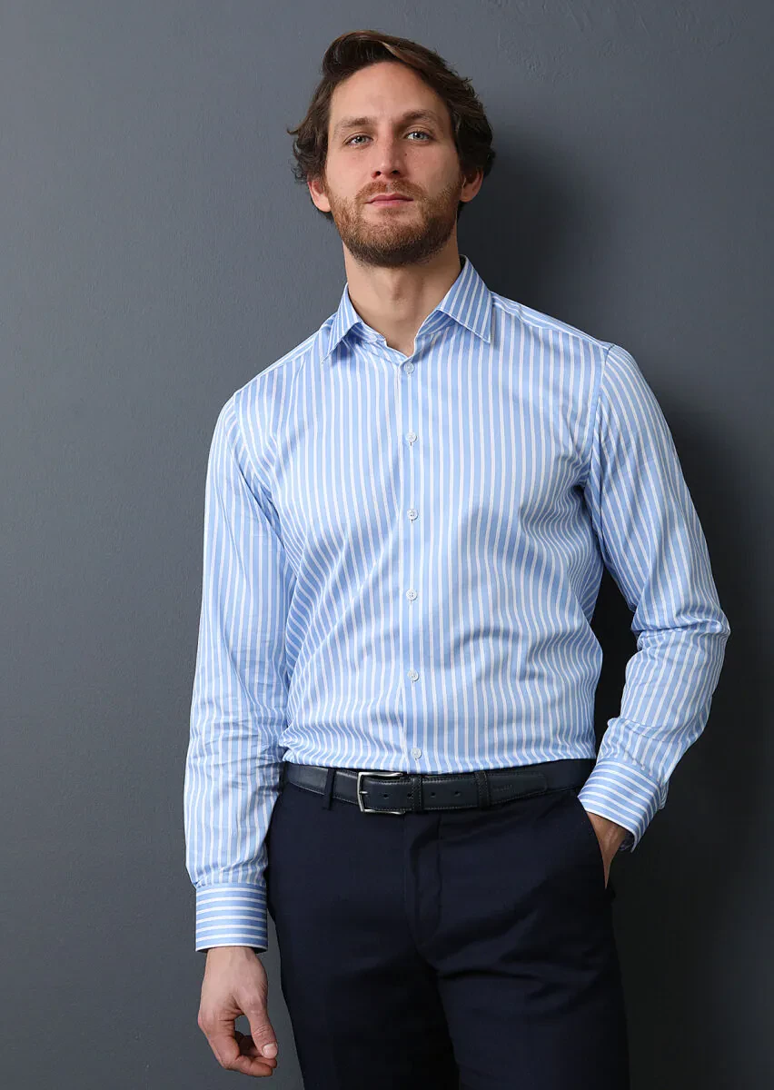 Blue Striped Regular Fit Weaving Classical 100% Cotton Shirt - 1