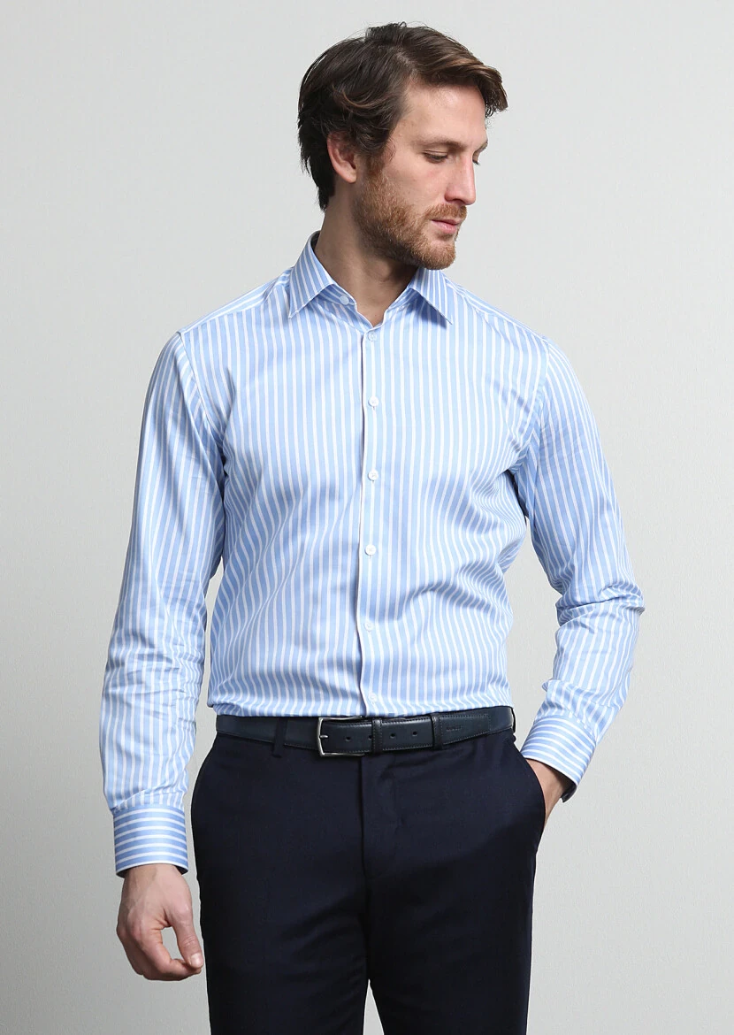 Blue Striped Regular Fit Weaving Classical 100% Cotton Shirt - 2