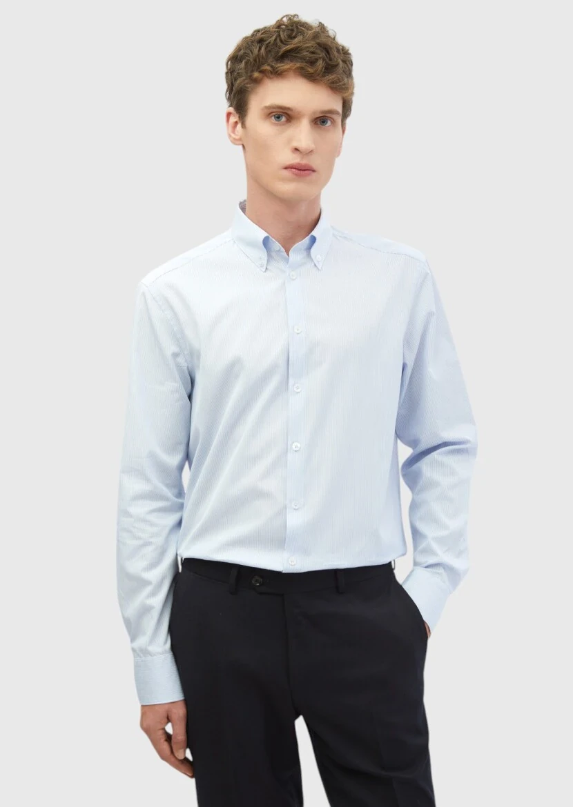 Blue Striped Regular Fit Weaving Classical 100% Cotton Shirt - RAMSEY