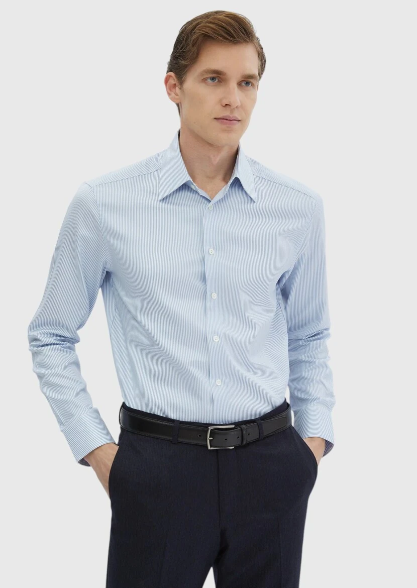 Blue Striped Regular Fit Weaving Classical 100% Cotton Shirt - RAMSEY