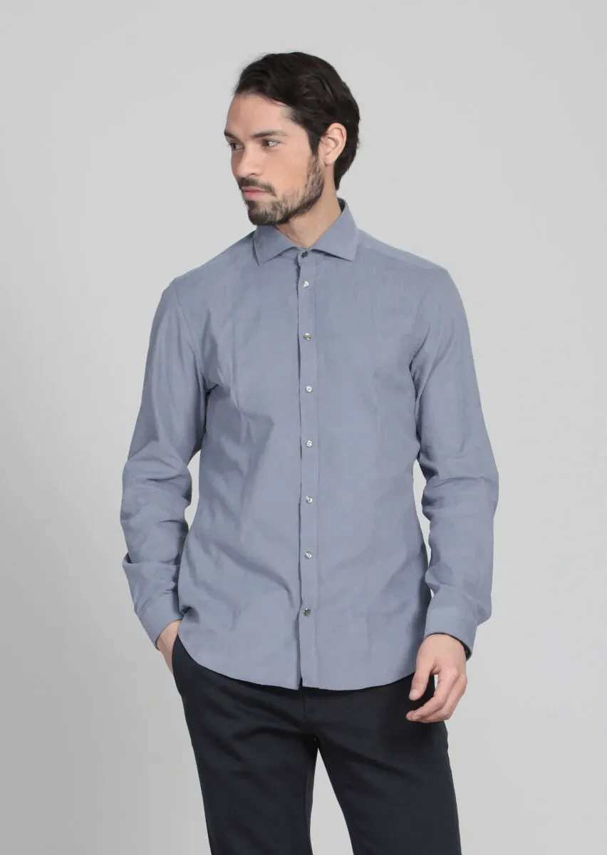 Blue Striped Slim Fit Weaving Casual Cotton Blended Shirt - 1