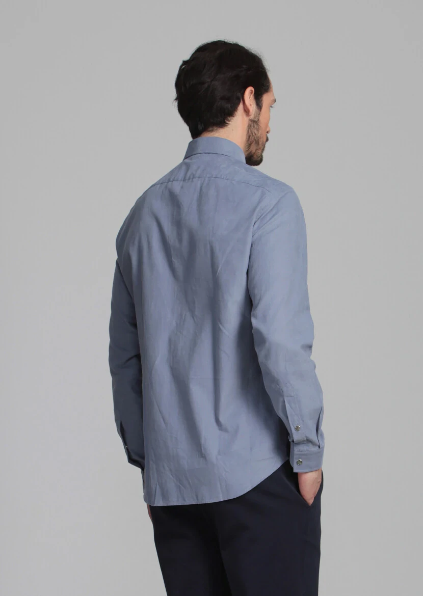 Blue Striped Slim Fit Weaving Casual Cotton Blended Shirt - 5