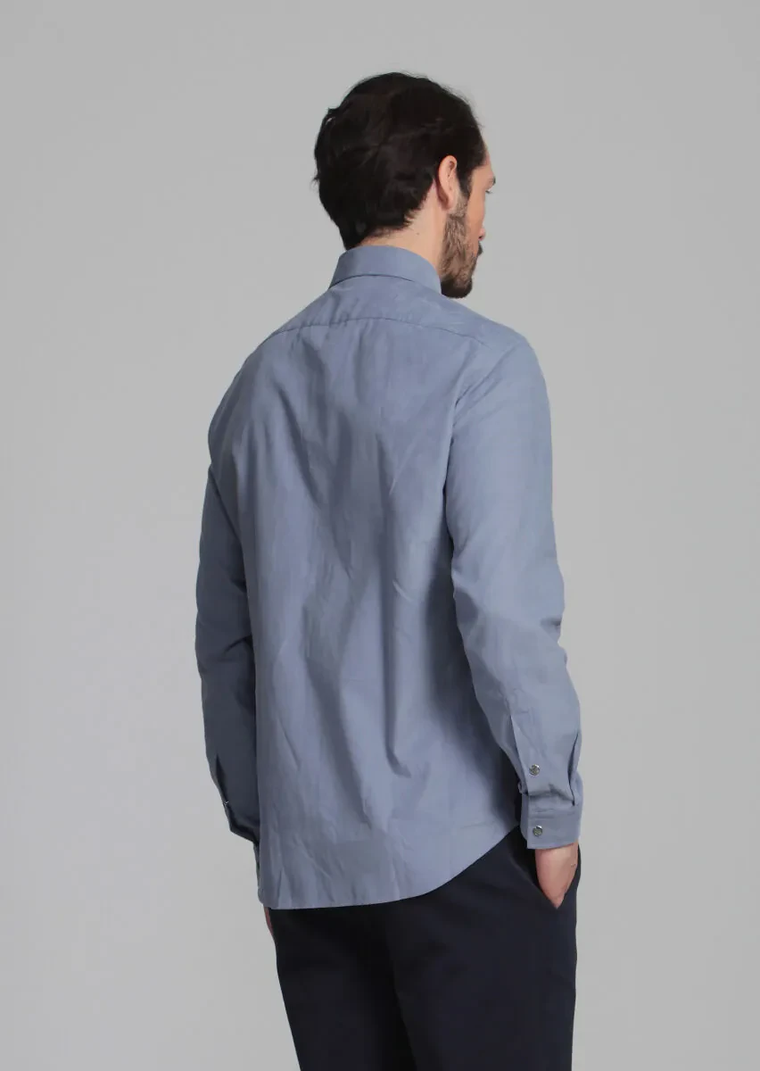 Blue Striped Slim Fit Weaving Casual Cotton Blended Shirt - 5