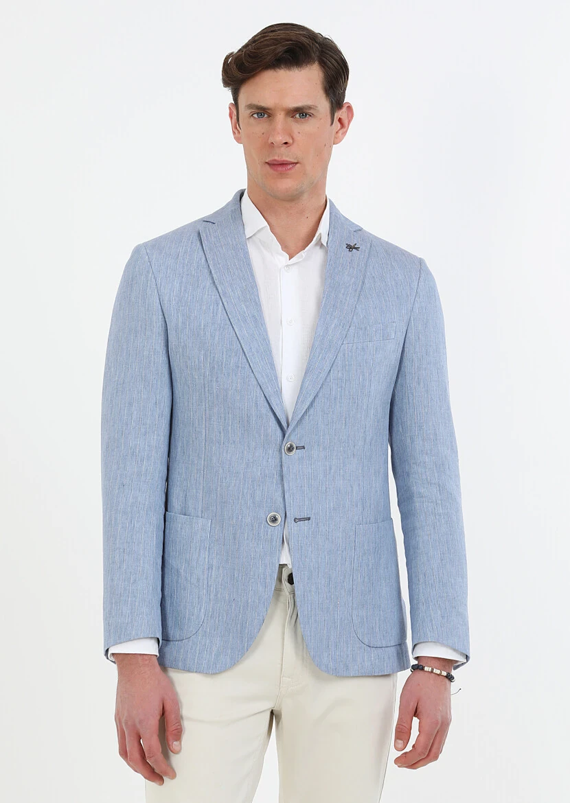 Blue Striped Zeroweight Slim Fit Cotton Blended Jacket - 1