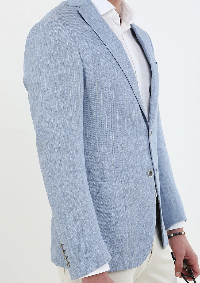 Blue Striped Zeroweight Slim Fit Cotton Blended Jacket - 4